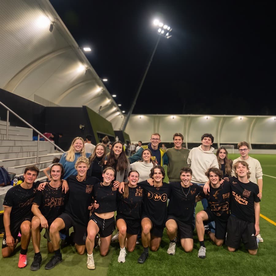 A sports team posing together on the field after a game